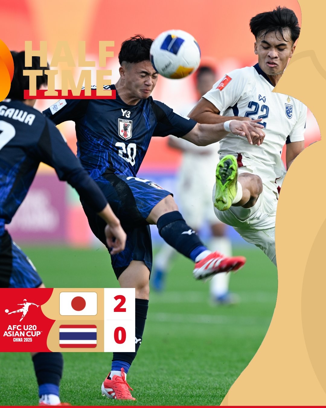  半場(chǎng)-日本U20 2-0領(lǐng)先泰國U20，石井久繼破門(mén)+中柱 泰國0射正