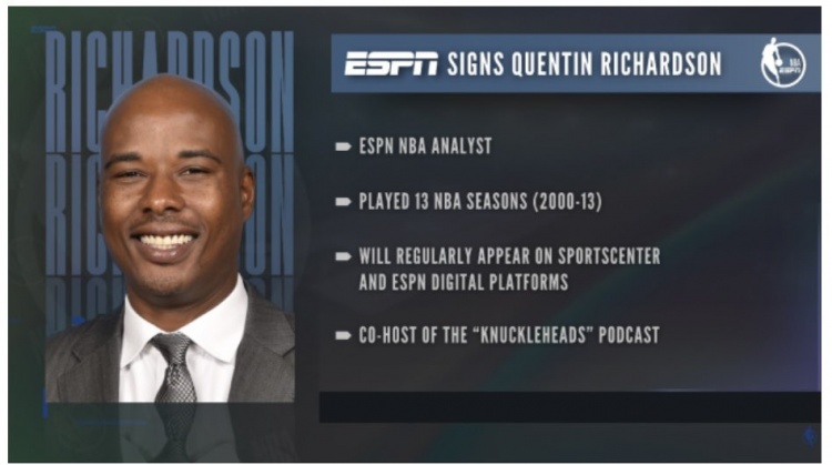  ESPN：正式簽約前NBA球員昆汀-理查德森 后者將擔任解說(shuō)