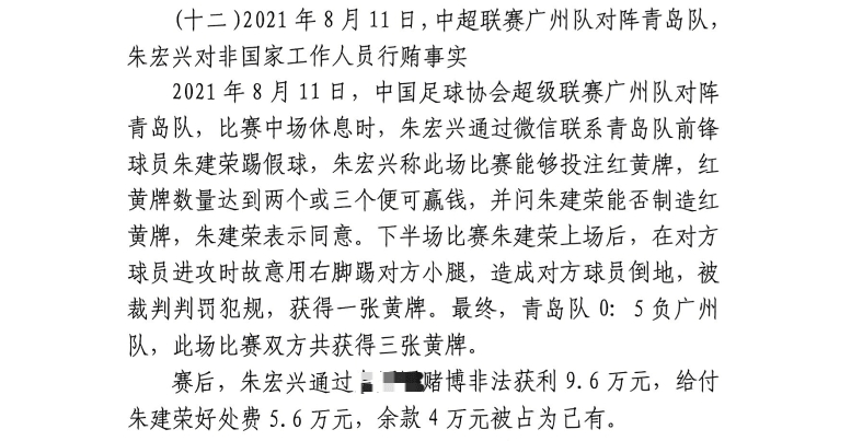 網(wǎng)傳判決書(shū):青島球員朱建榮故意踢對方小腿,染黃收5.6萬(wàn)好處費